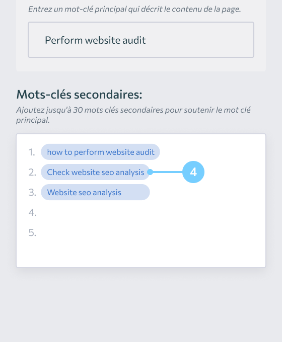 Ajoutez 1 mot-clé principal et jusqu'à 30 mots clés secondaires
