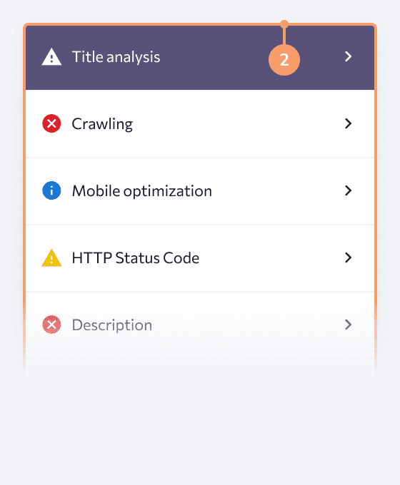 Issue report categories show the current and recommended values for every metric based on page SEO factors related to metadata, text content, user experience, etc.