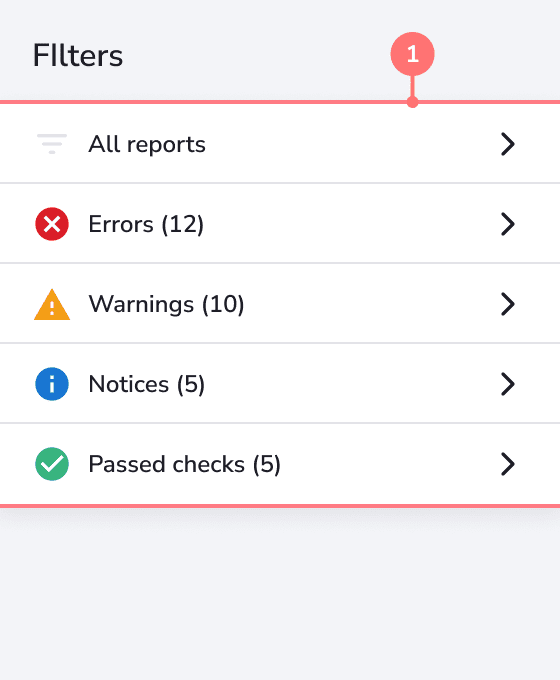 On-page tool groups issues based on their importance and urgency into four lists: errors, warnings, notices, and those that don’t require action.